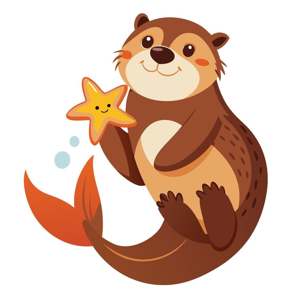 Cheerful playful otter relaxing on its back in the water with a starfish in its paws vector
