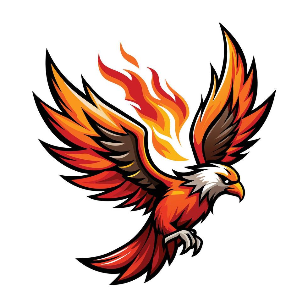 Strong powerful eagle with feathers igniting into fierce flames in illustration vector