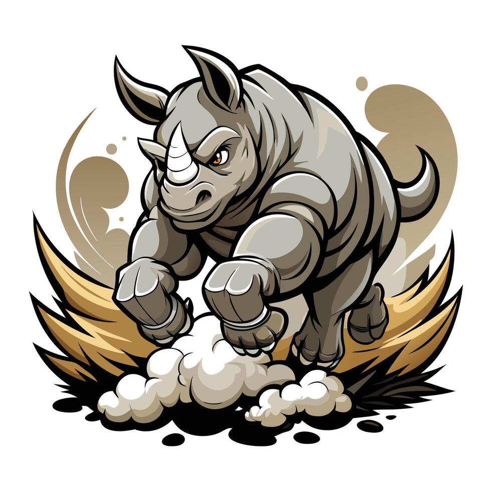 Strong powerful rhino running forward with dust trails billowing out behind it vector