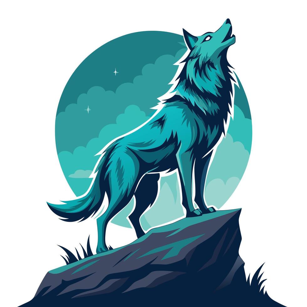 Eerie powerful wolf howling towards the moon in a mystical forest setting in art vector