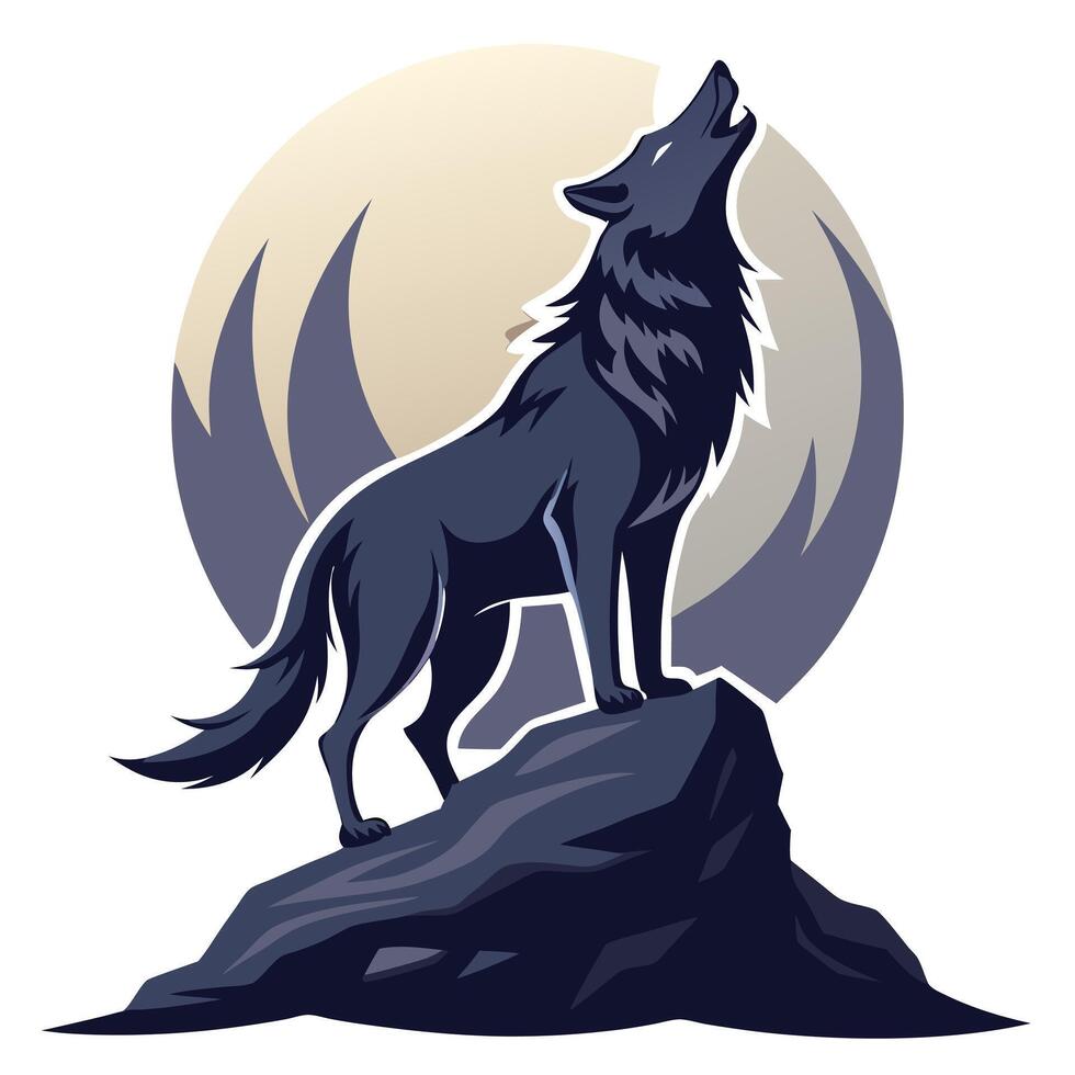 Strong powerful wolf howling at the moon in a mysterious and atmospheric graphic vector