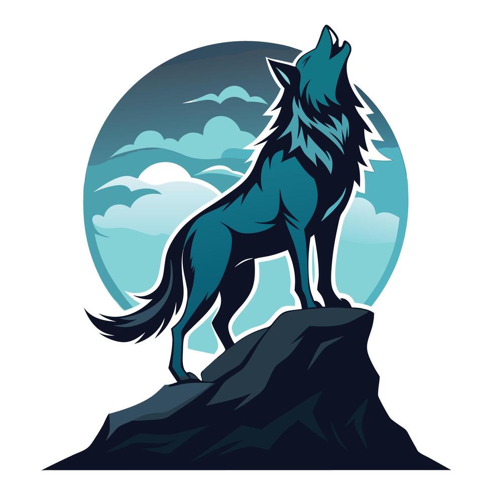 Mystical powerful wolf howling at the full moon in a serene pose in vector