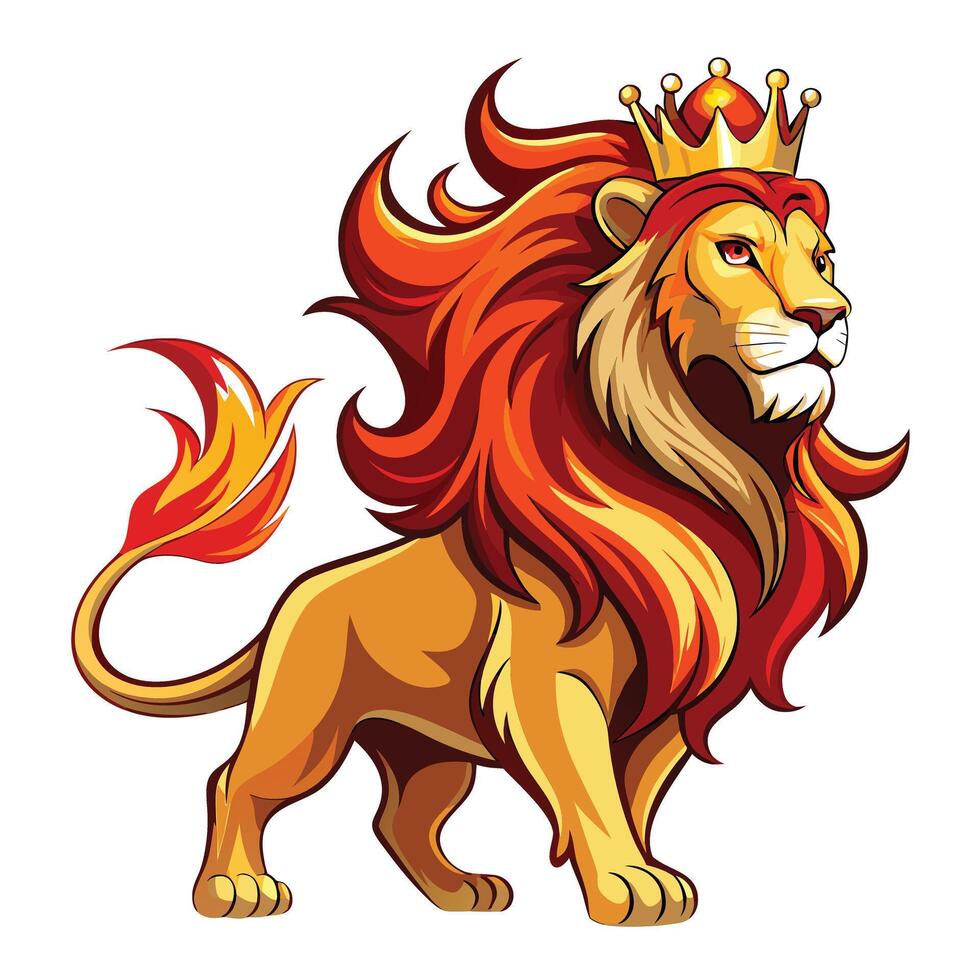 Majestic lion with a crown and flowing golden mane illustration vector
