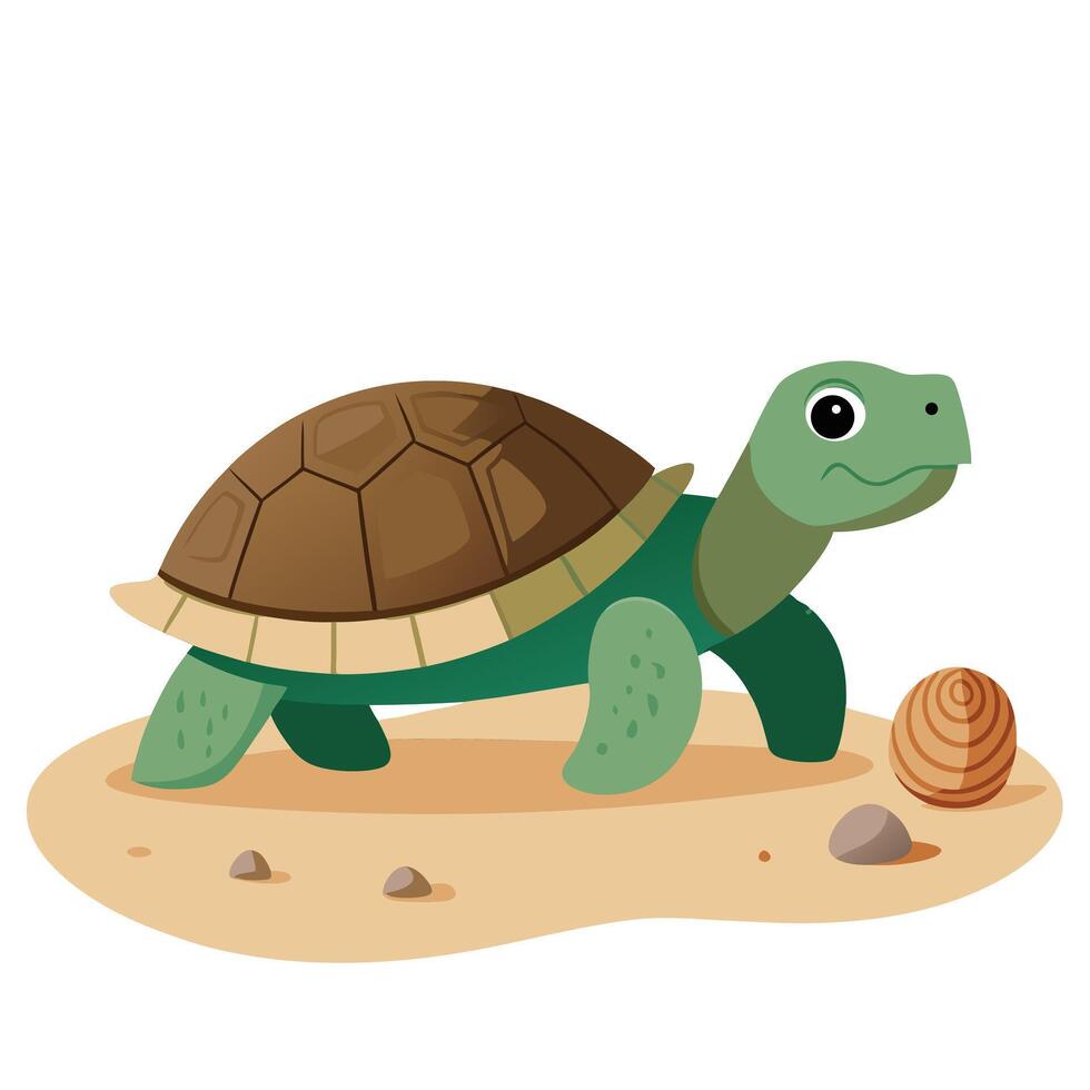 Calm turtle crawling on the sand with a little shell illustration vector