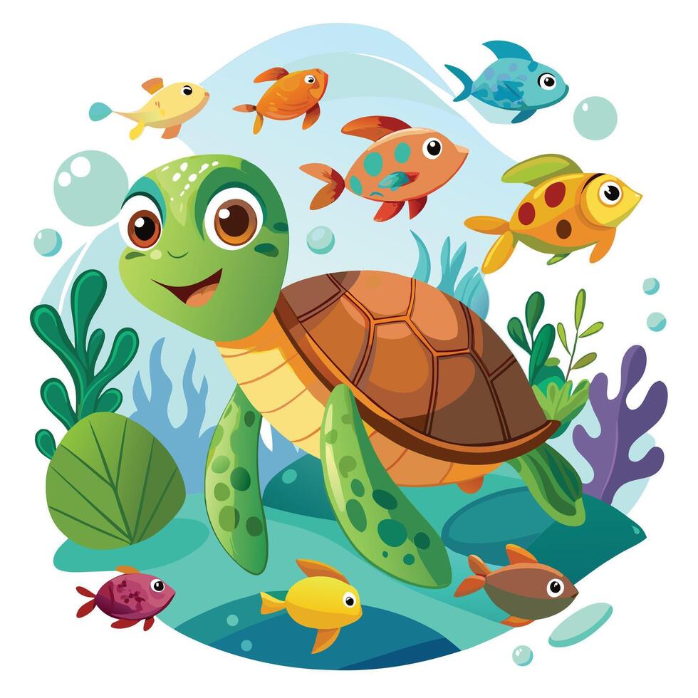 Cheerful turtle moving on the seabed with colorful coral illustration vector