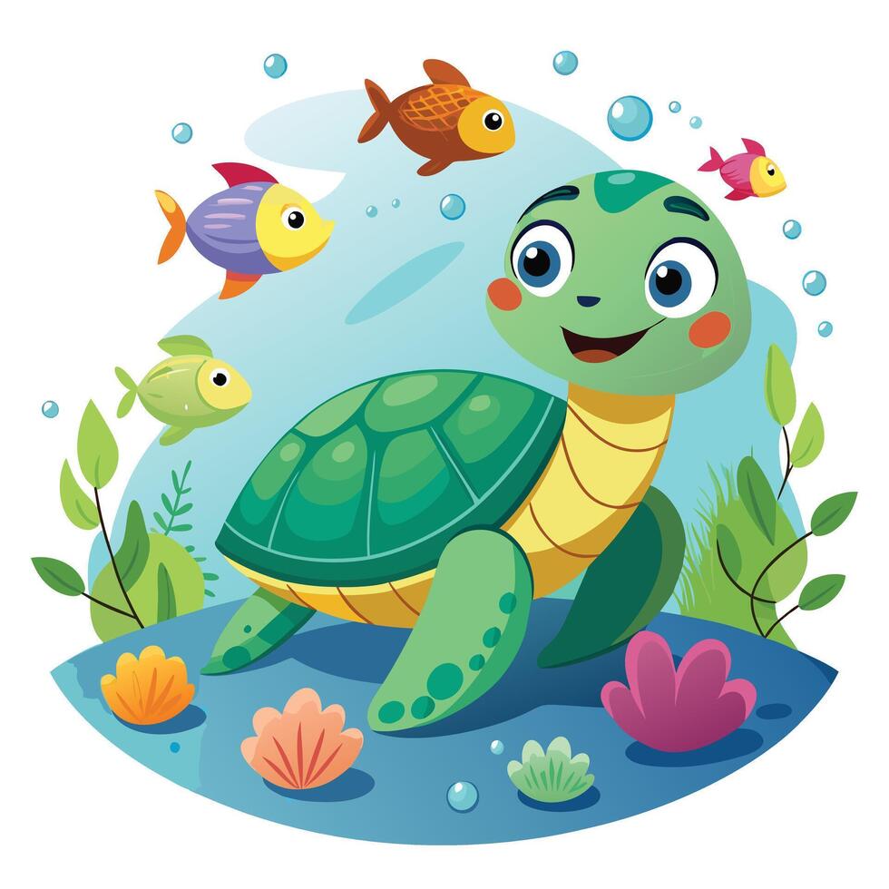 Cute turtle crawling on the ocean bottom with bright coral art vector