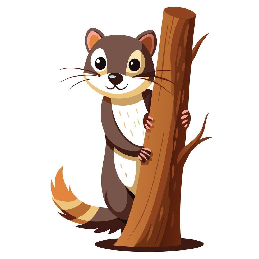 Mischievous ferret looking from behind a tree illustration playful vector