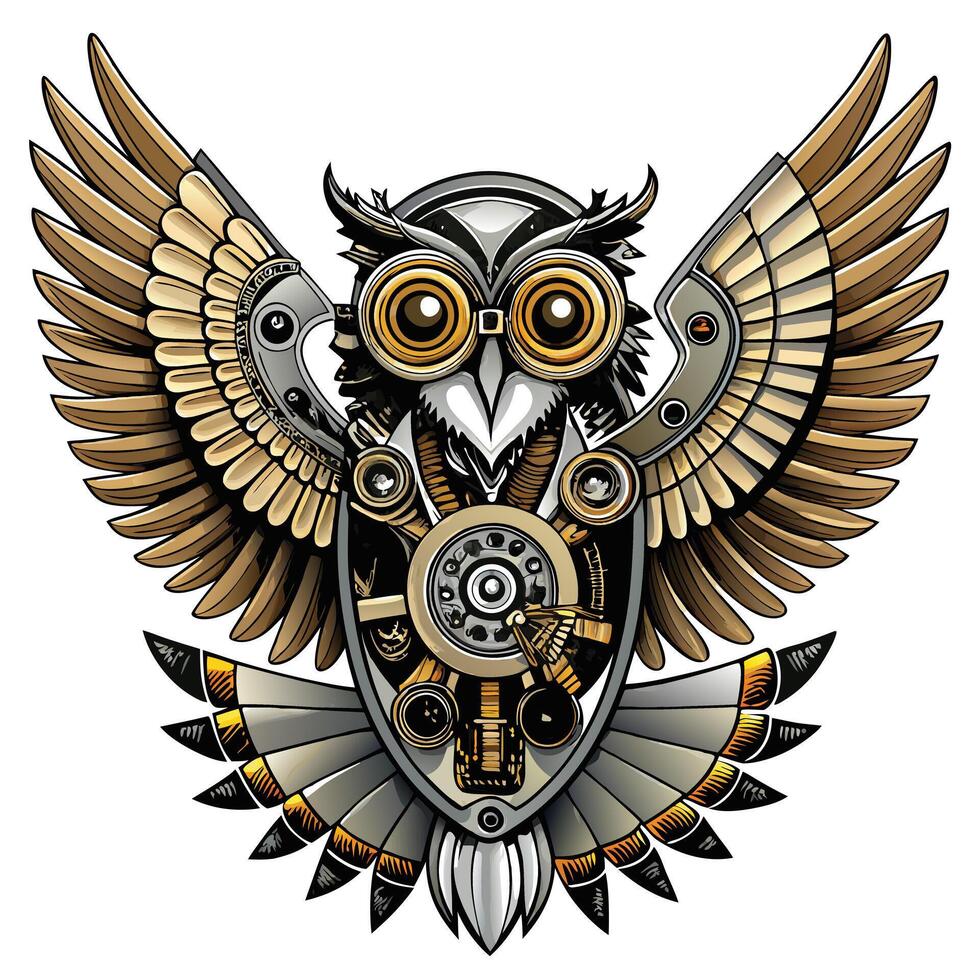 Mechanical owl with gears and visible clockwork mechanism art vector