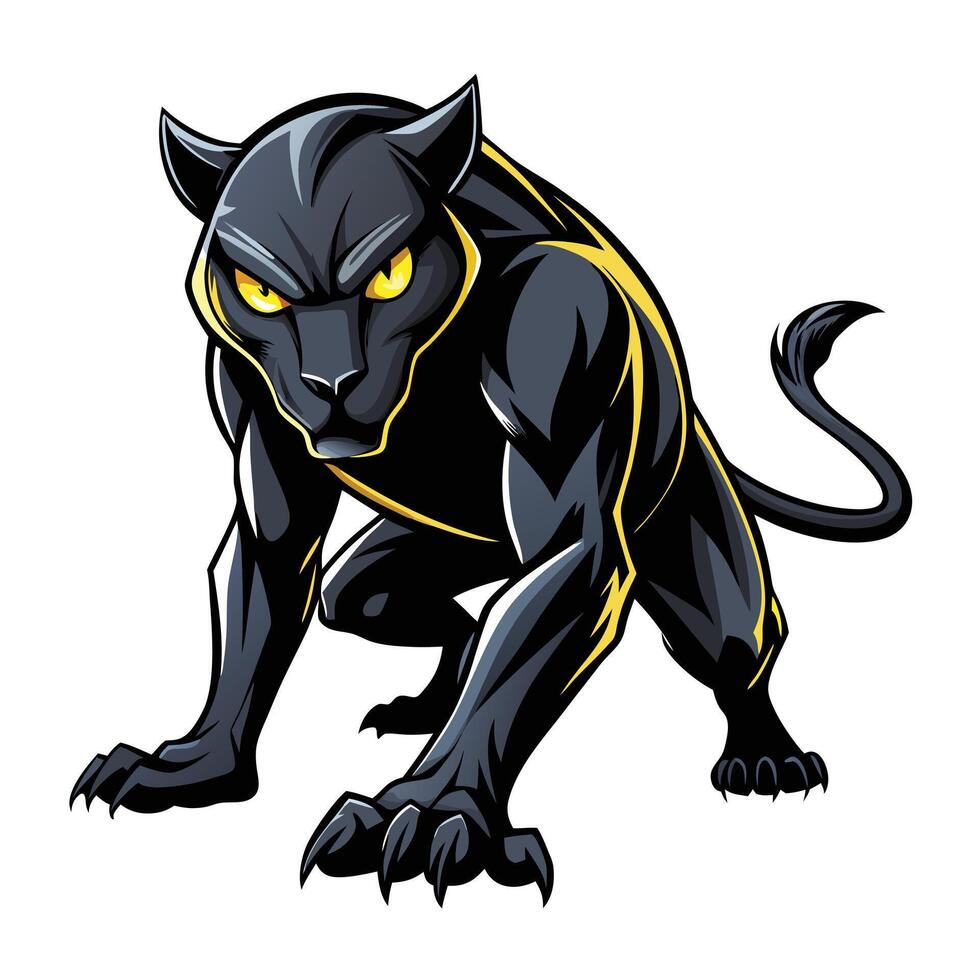 Abstract stylized black panther with piercing glowing yellow eyes in graphic vector