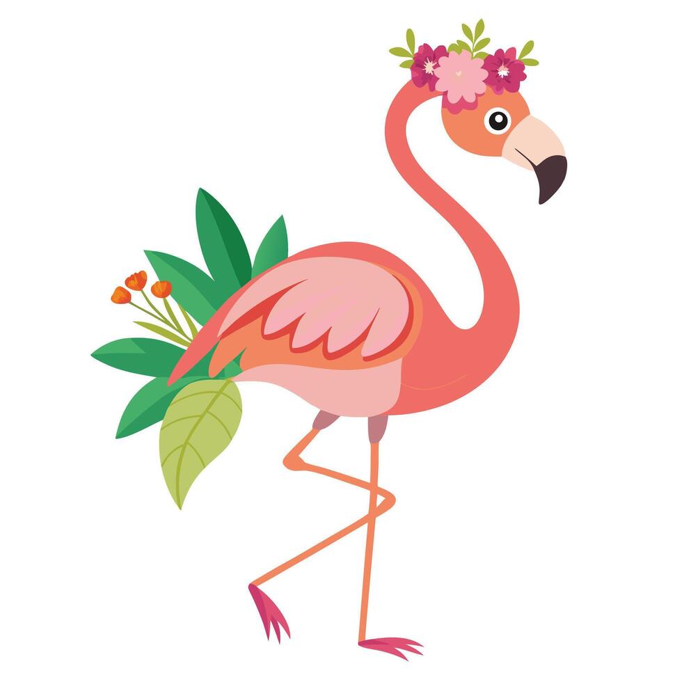 Stylish stylized flamingo perched on one leg with a beautiful tropical backdrop vector