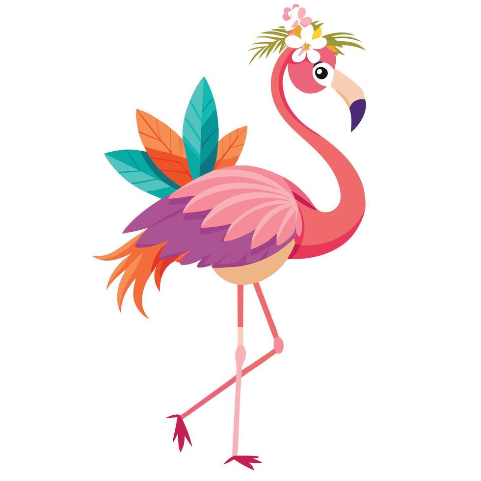 Elegant stylized flamingo standing on one leg with a tropical floral background vector