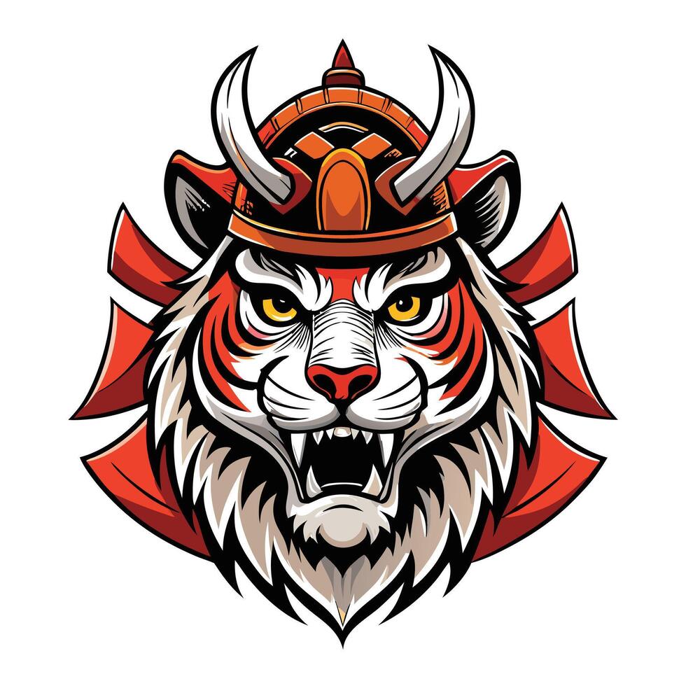 Awesome stylized samurai tiger head with bold traditional Japanese patterns vector