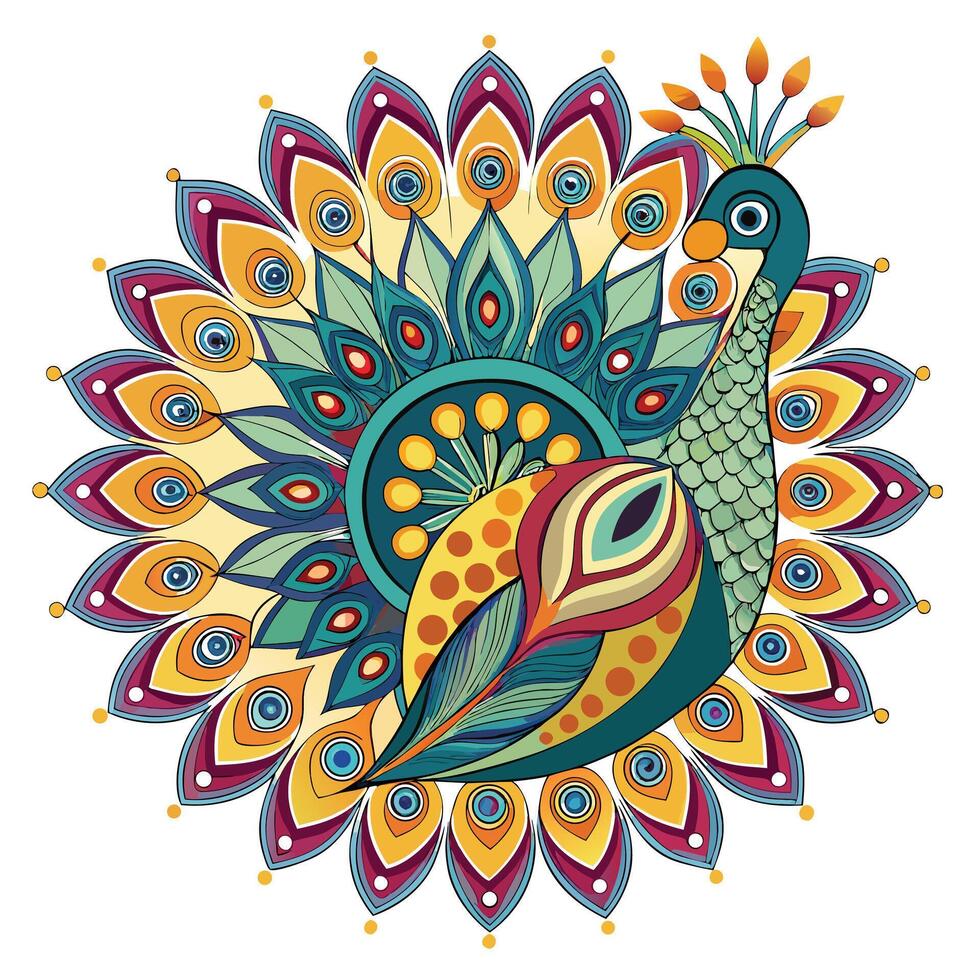 Beautiful stylized peacock featuring a tail shaped like a colorful flower vector