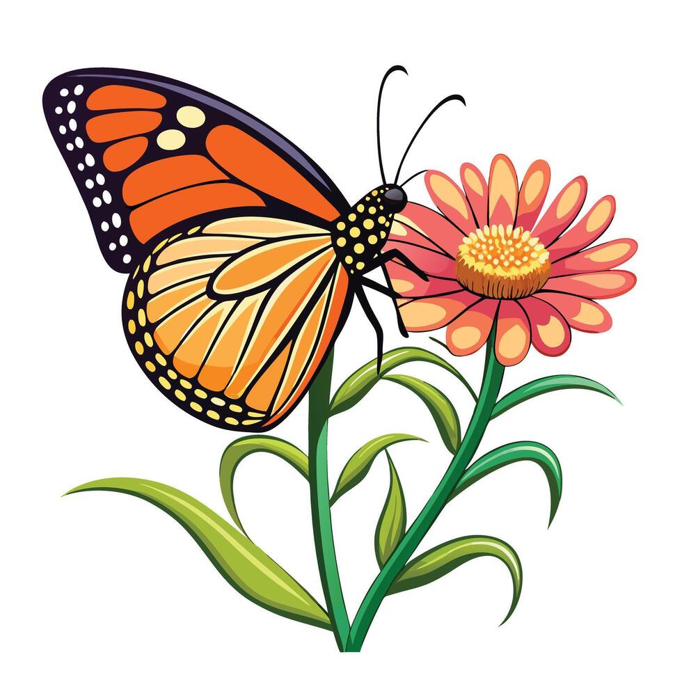 Colorful monarch butterfly perched on a wildflower illustration art vector