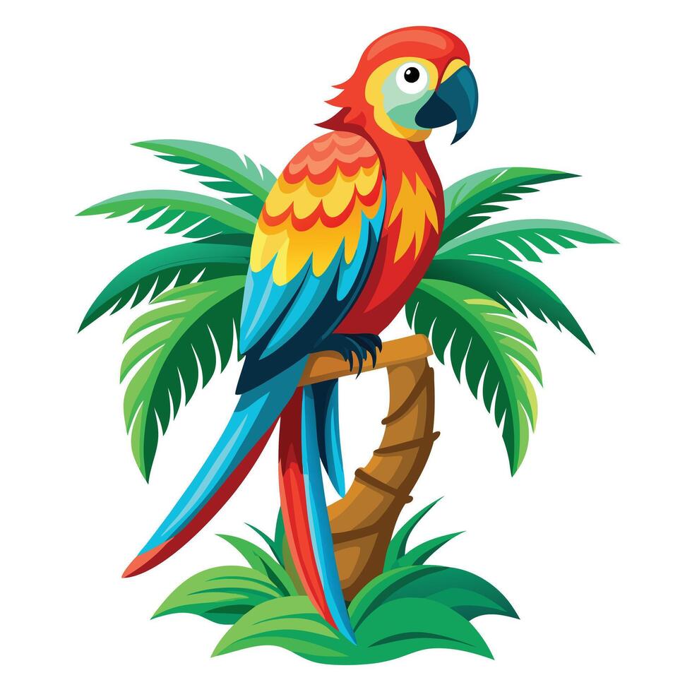 Bright macaw parrot on a palm tree branch illustration vibrant vector