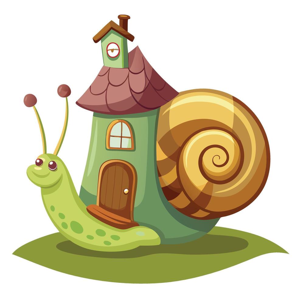 Adorable snail with a small house on its shell illustration whimsical vector