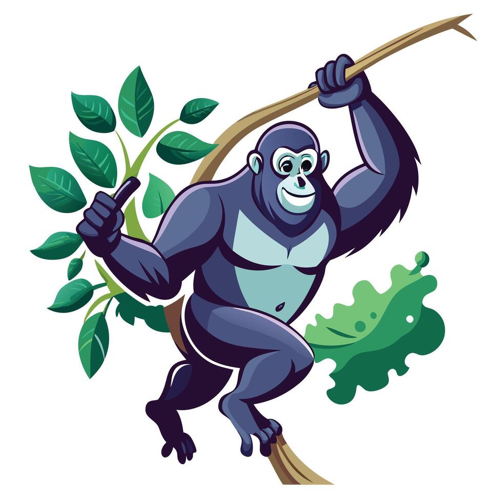 Wild gorilla swinging from a tree with a playful expression vector