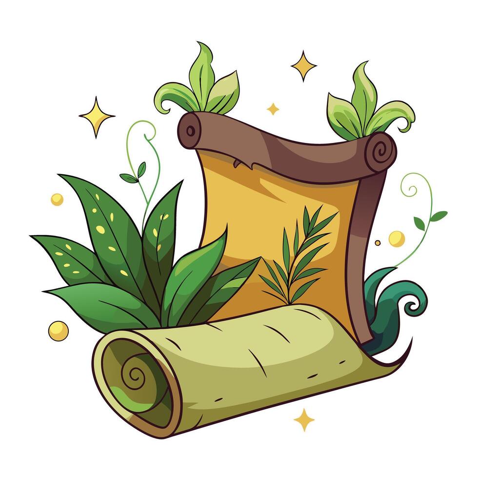 Mystical Plants Ancient Scroll Planter Growing Out Of Parchment vector