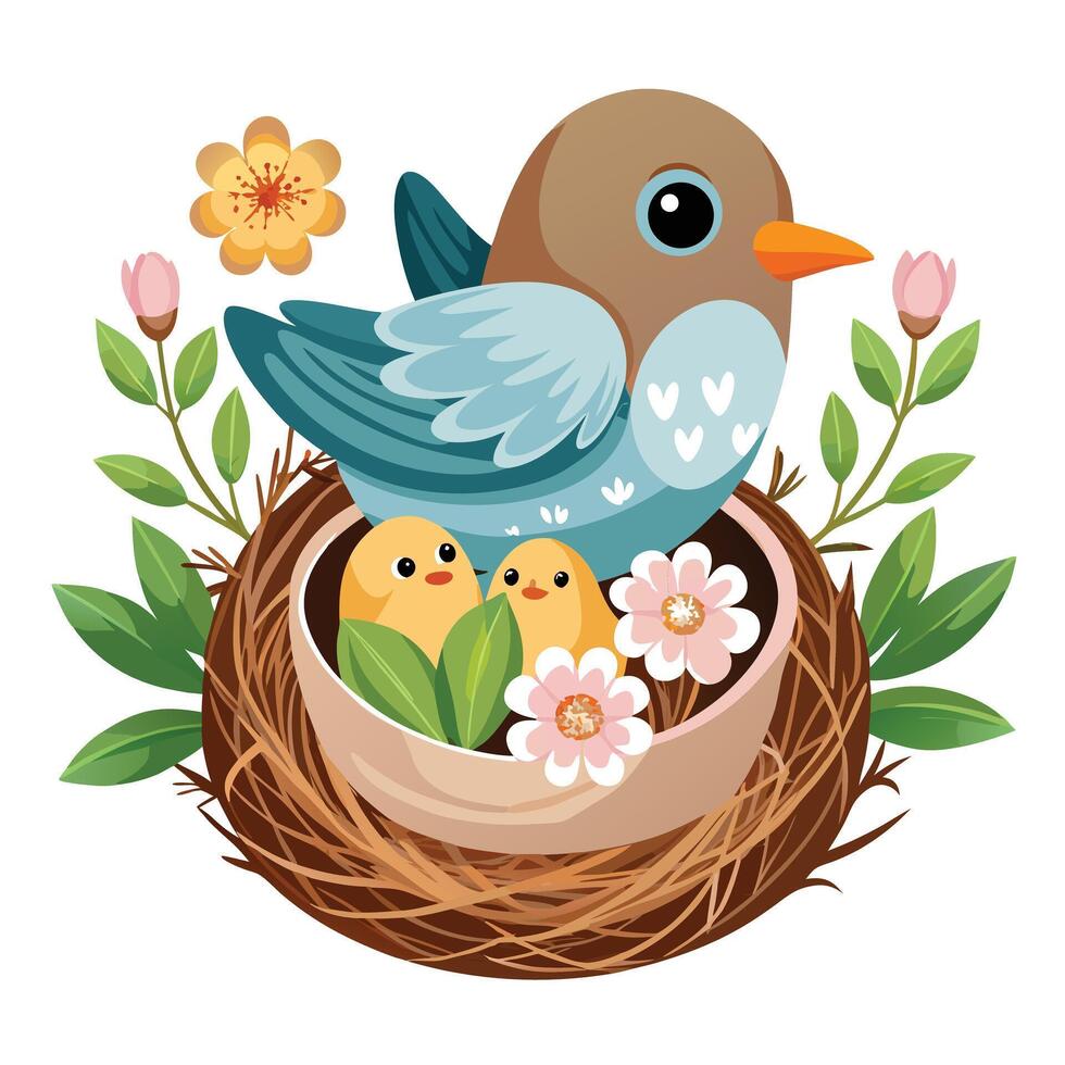 Bird's Nest Planter With Baby Birds And Small Flowers vector