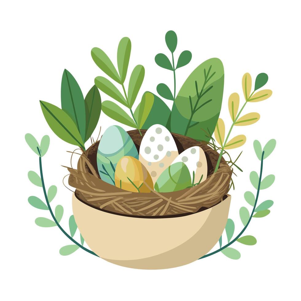 Bird's Nest Planter With Eggs And Greenery A Natural Design vector