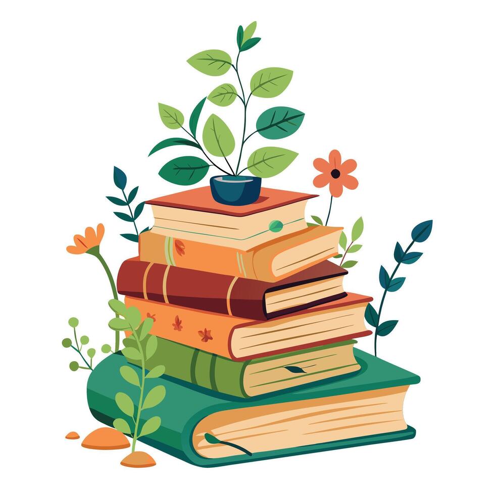 Plants Sprouting Between Books Stacked As A Planter Isolated on white background vector