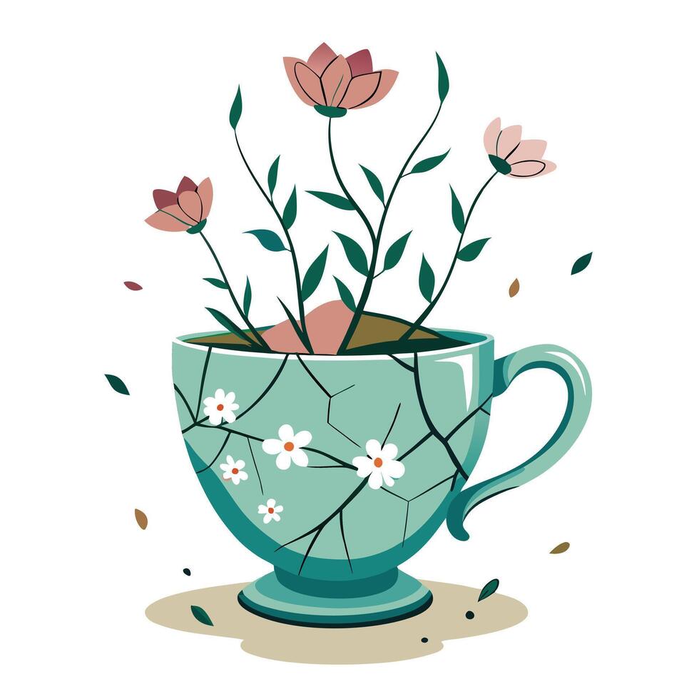 Broken Teacup Planter With Flowers Growing Through The Cracks vector