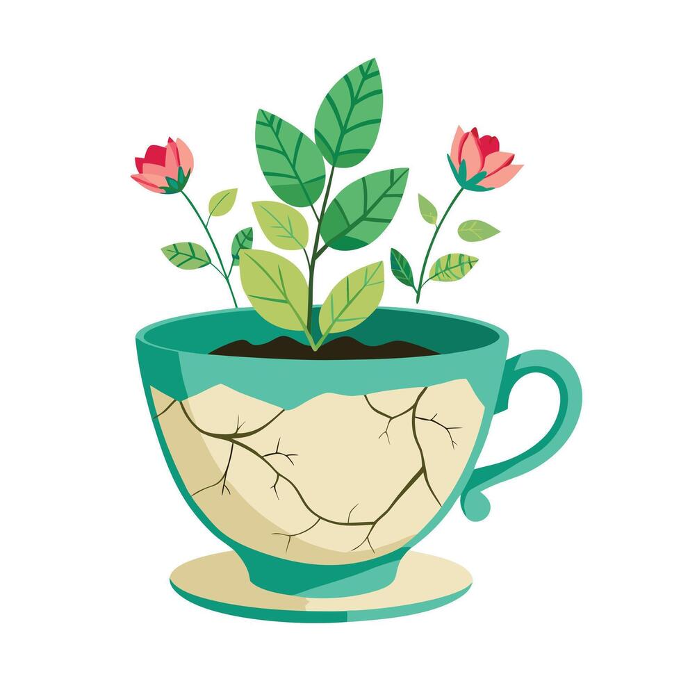 Broken Teacup Planter Flowers Growing Through The Cracks vector