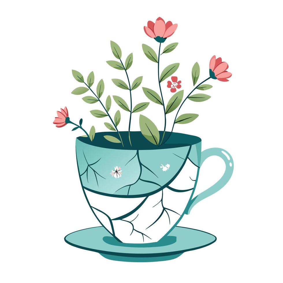 Flowers Growing Through The Cracks Broken Teacup Planter vector