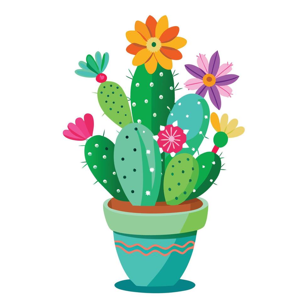 Cactus Shaped Planter With Flowers Adorning Top vector