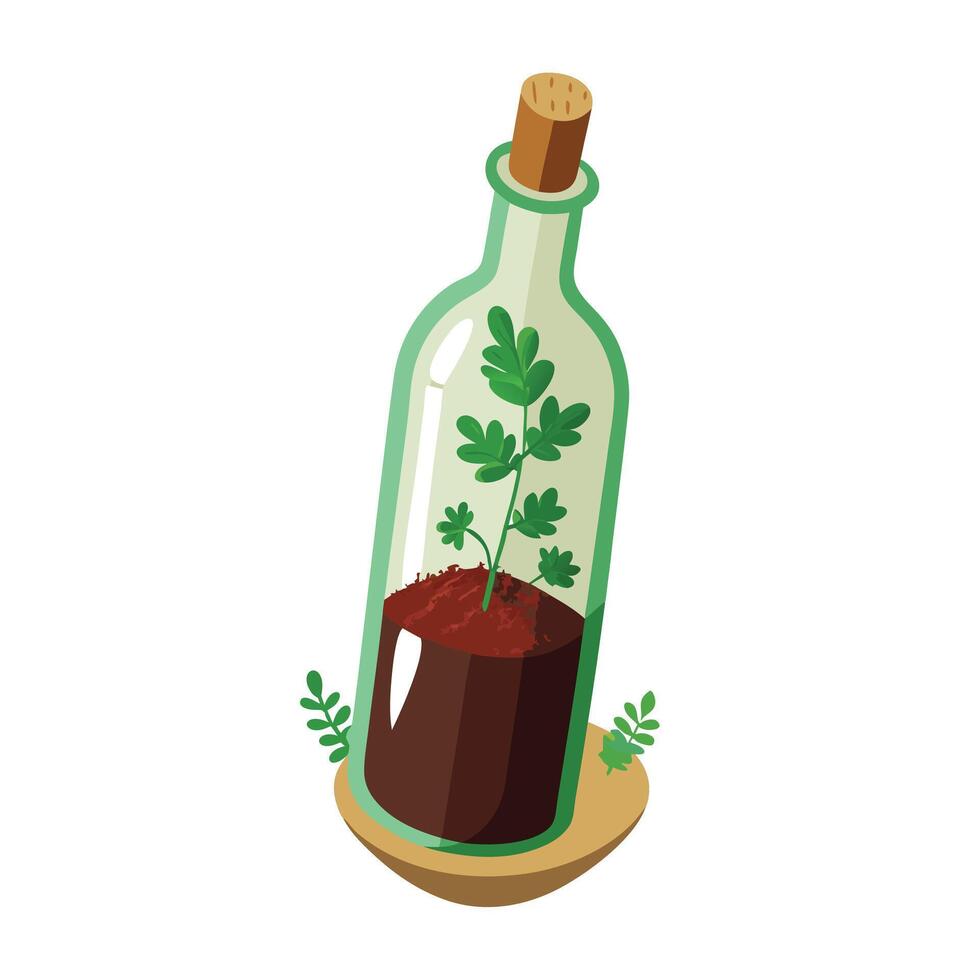 Charming Cork Bottle Planter Featuring Tiny Moss And Greenery vector