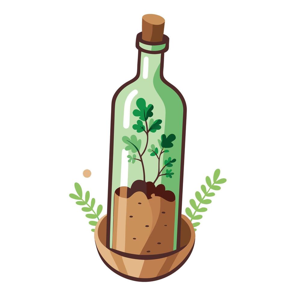 Creative Cork Bottle Planter With Tiny Moss And Greenery Design vector