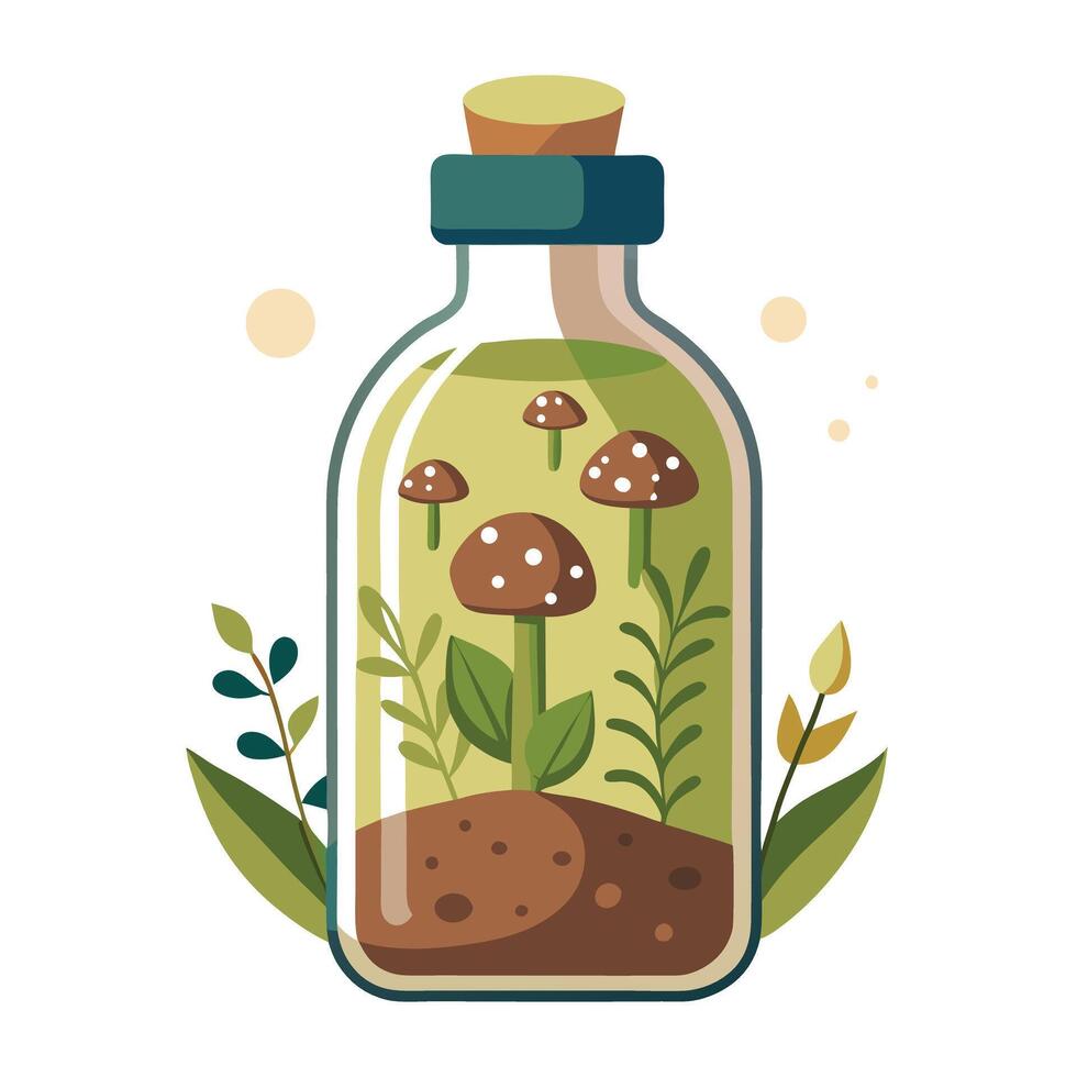 Corked Bottle Planter With Growing Mushrooms vector