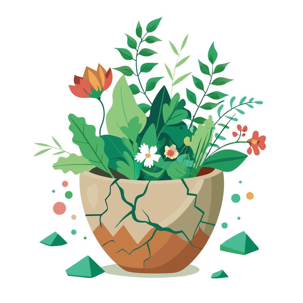 Creative Cracked Pot Planter With Greenery Emerging From The Cracks Design vector