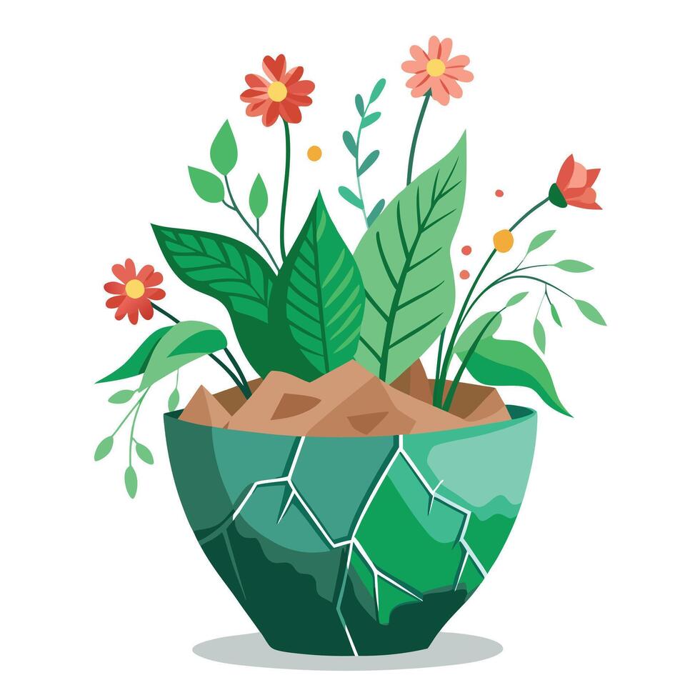 Cracked Pot Planter With Greenery Emerging From The Cracks vector