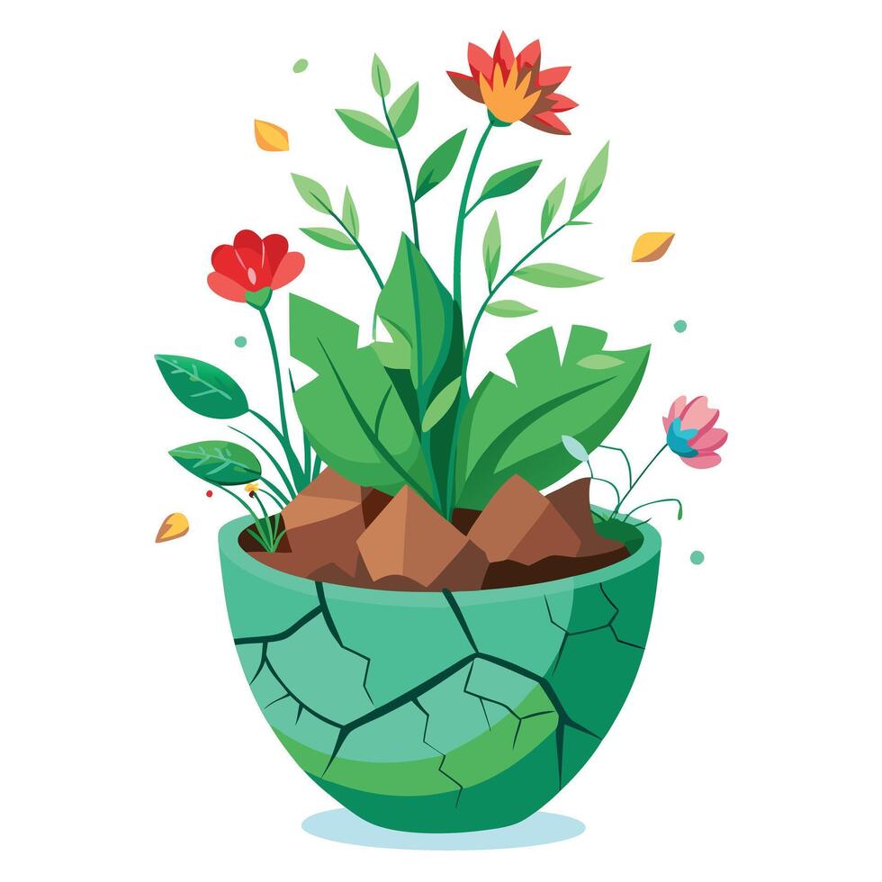 Charming Cracked Pot Planter Featuring Greenery Emerging From The Cracks vector