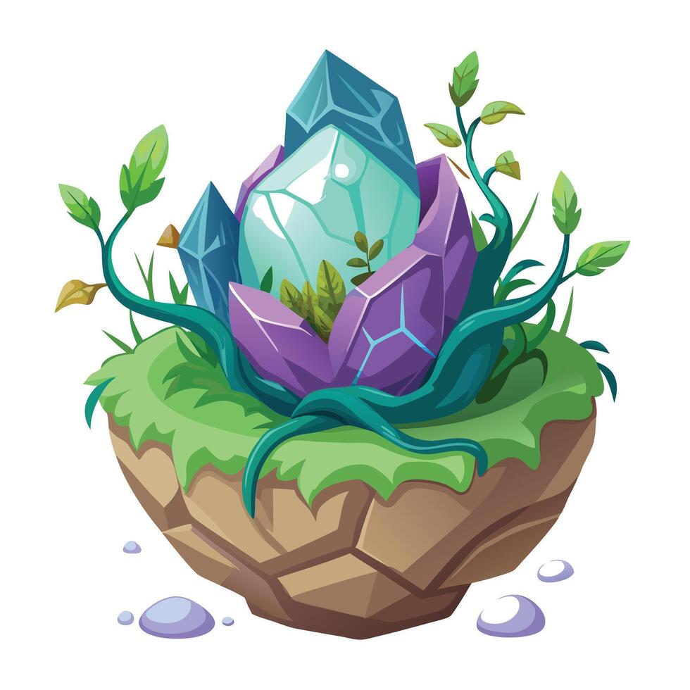 Crystal Geode Planter With Enchanted Vines Emerging From The Crystals vector