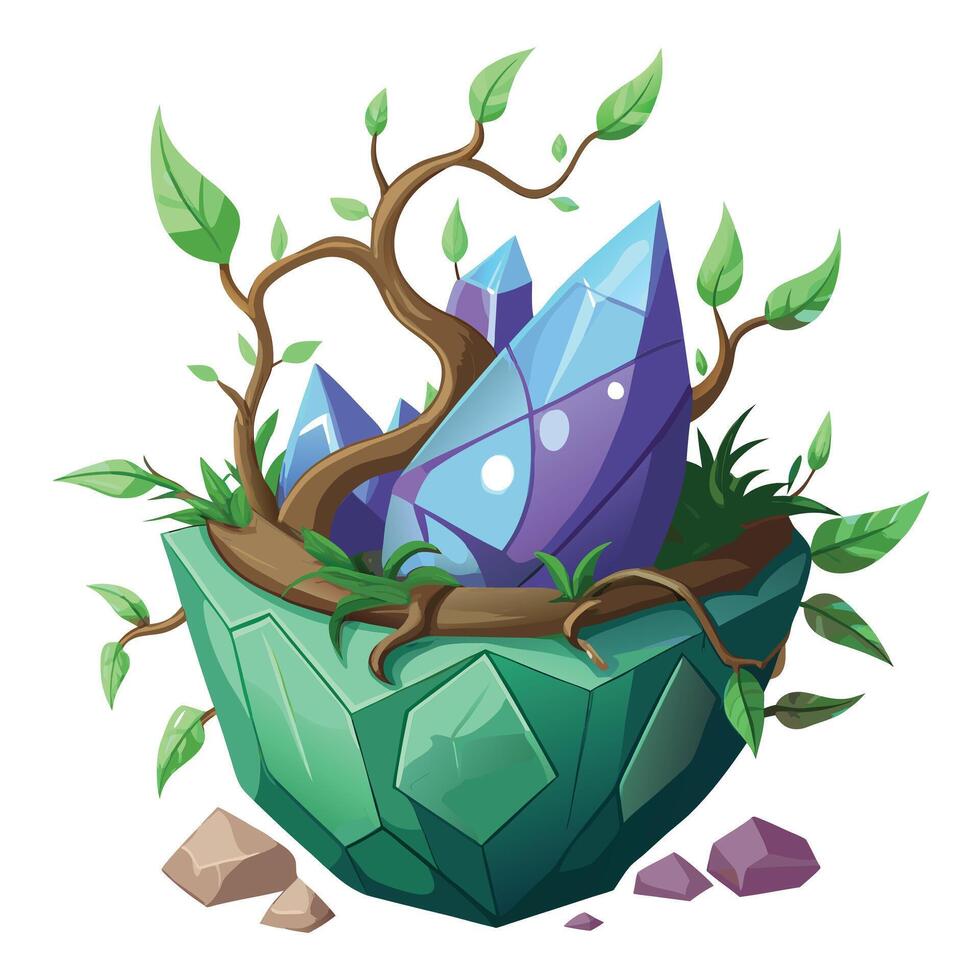 Charming Crystal Geode Planter Featuring Enchanted Vines Emerging From The Crystals vector