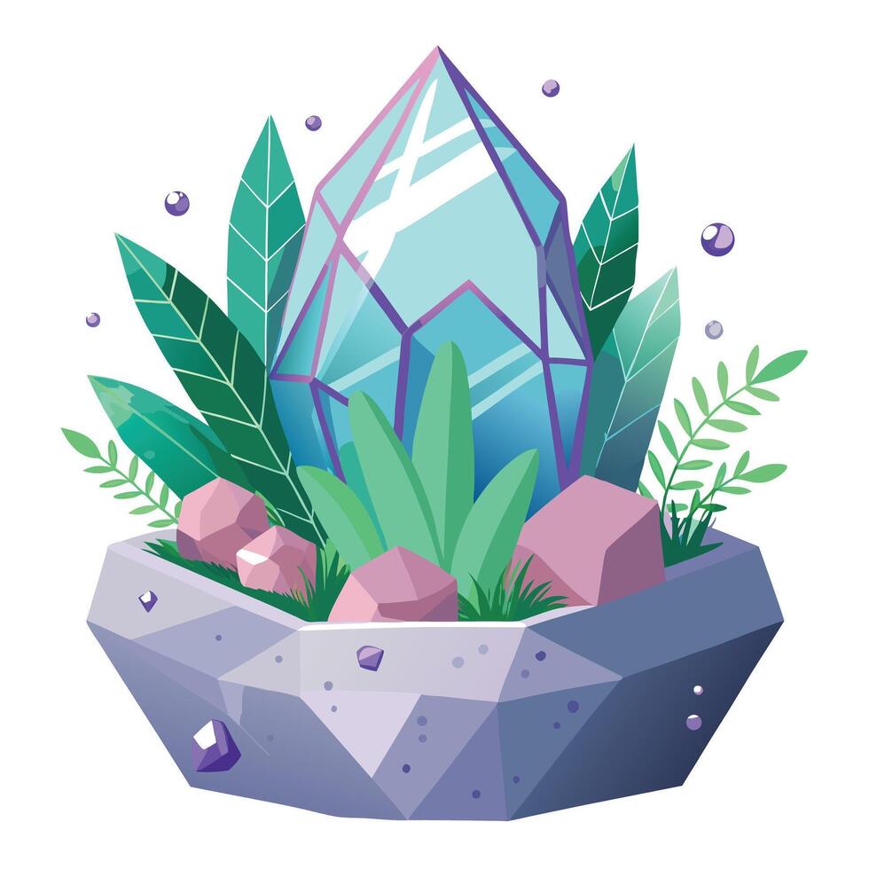 Crystal Geode Planter With Plants Growing Inside vector