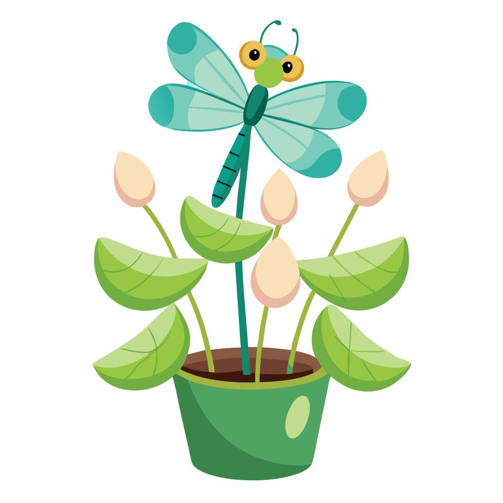 Dragonfly-Shaped Planter With Water Plants vector