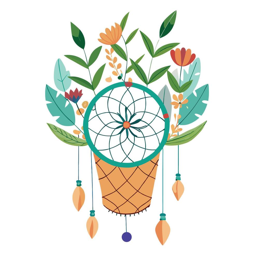Elegant Hanging Planter With Dreamcatcher And Vines vector