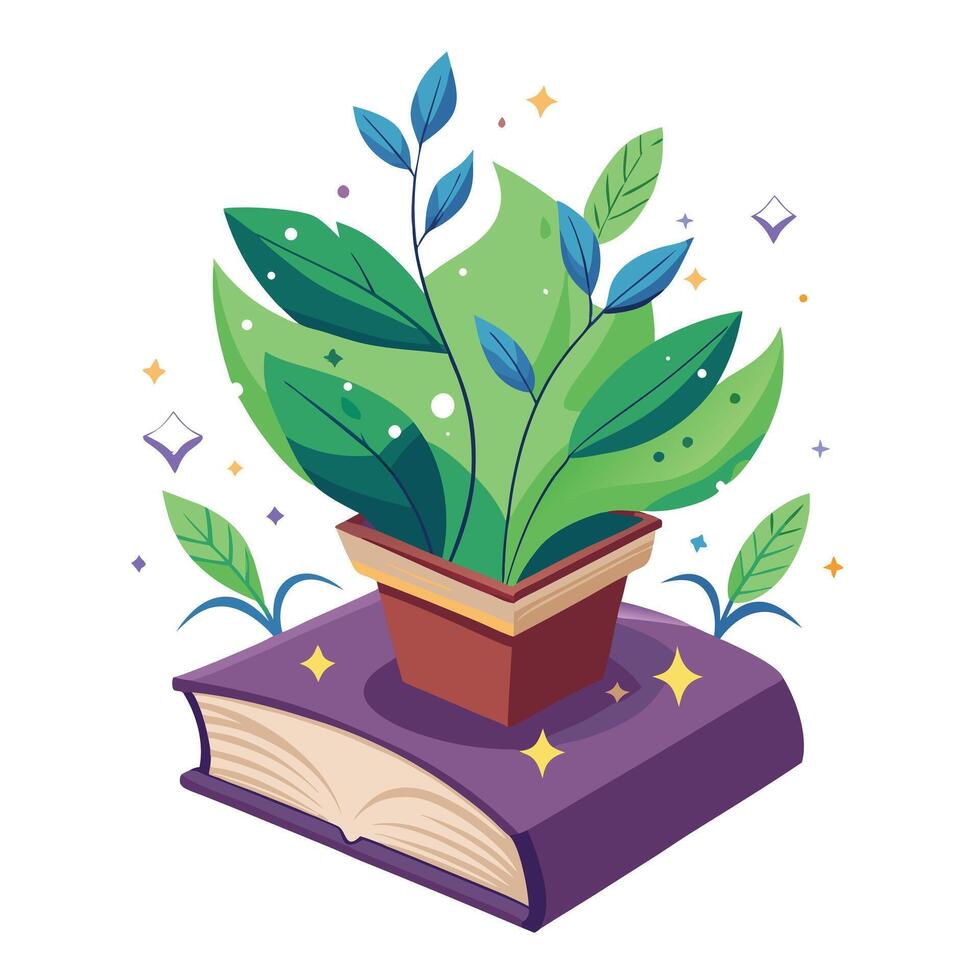 Creative Magic Spellbook Planter With Leafy Growth vector