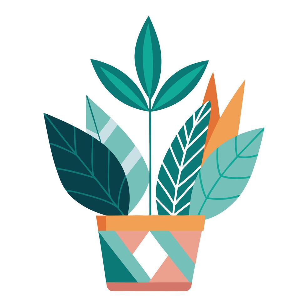 Flat Abstract Potted Plant Featuring Asymmetrical Leaves vector