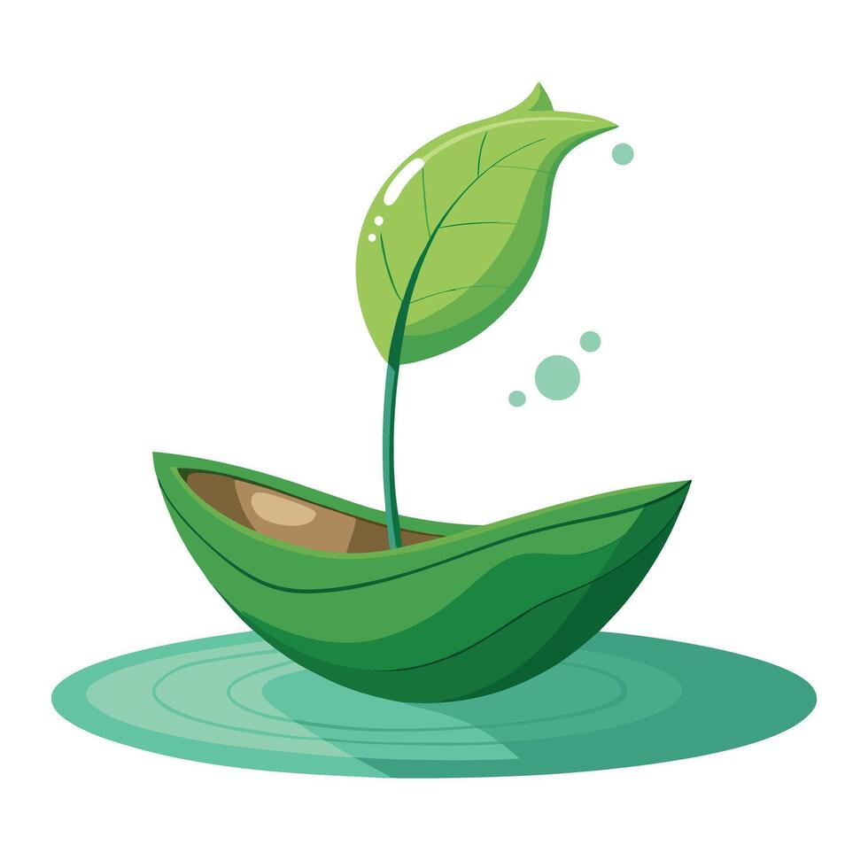 Charming Leaf Boat Planter Drifting On Water vector