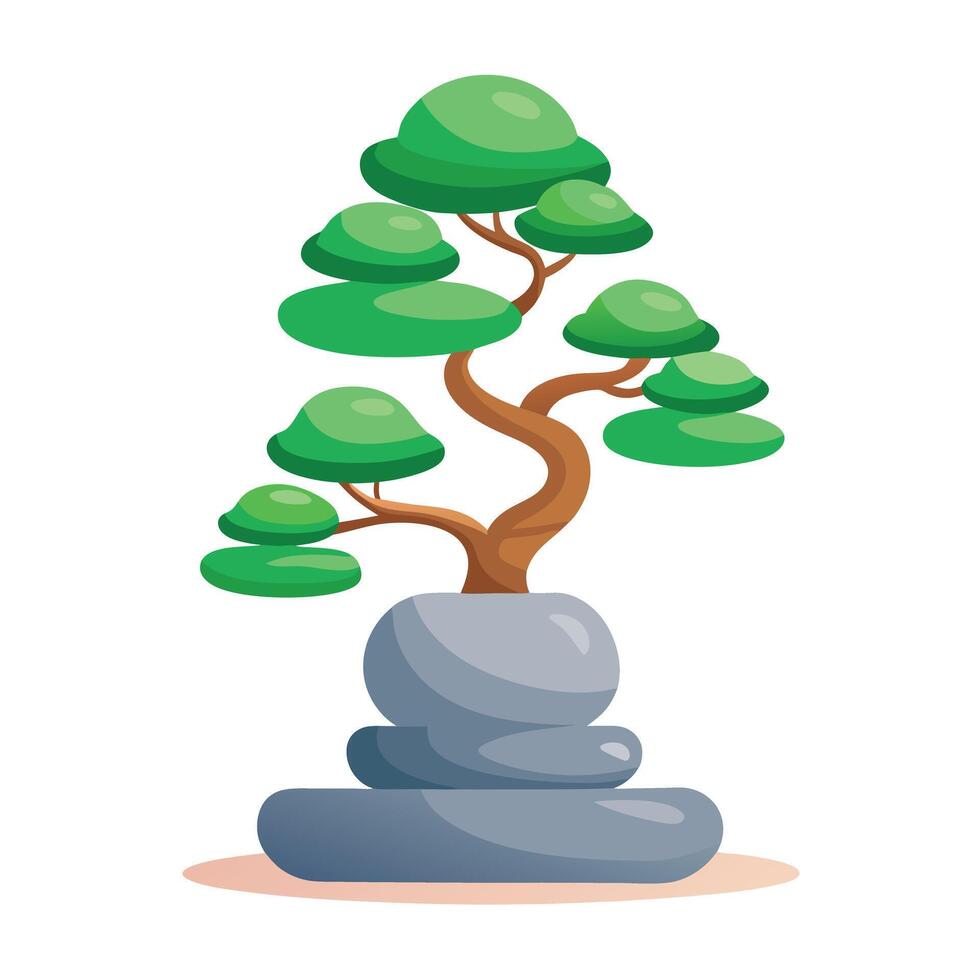 Charming Zen Bonsai Tree In A Floating Pebble Planter vector