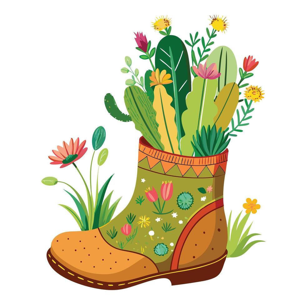 Garden Boot Planter With Small Cactus And Wildflowers Isolated on a white background vector