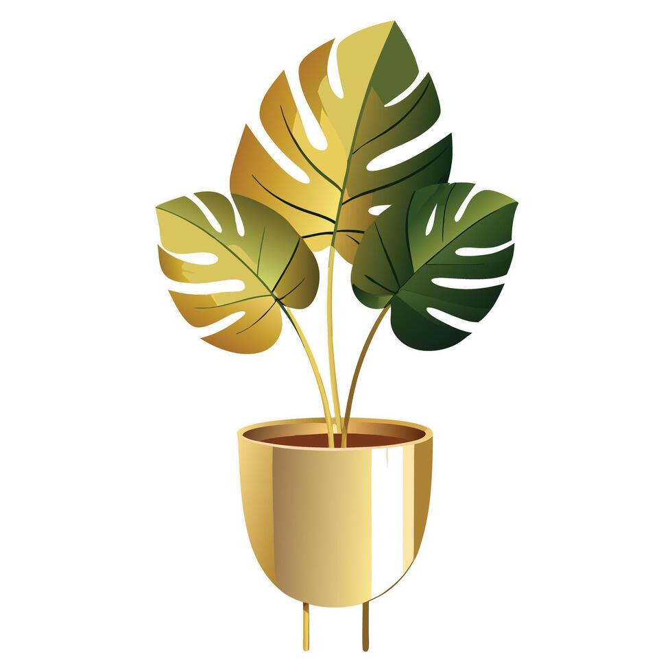 Creative Gold-Plated Planter Featuring A Monstera Leaf vector