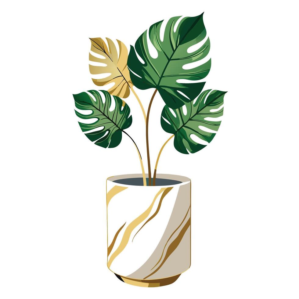 Elegant Marble Planter With Monstera Leaf And Gold Accents vector