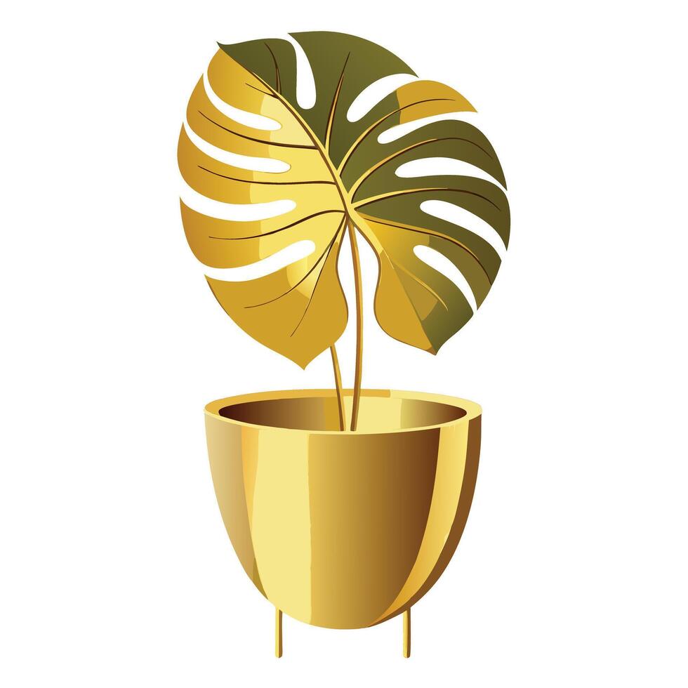 Elegant Gold-Plated Planter With Monstera Leaf Inside vector