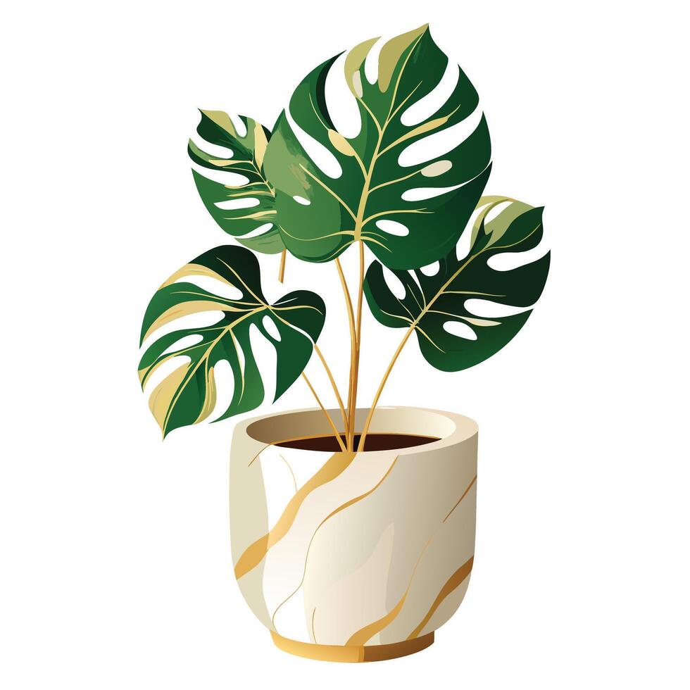 Stylish Gold-Trimmed Marble Planter Featuring Monstera vector