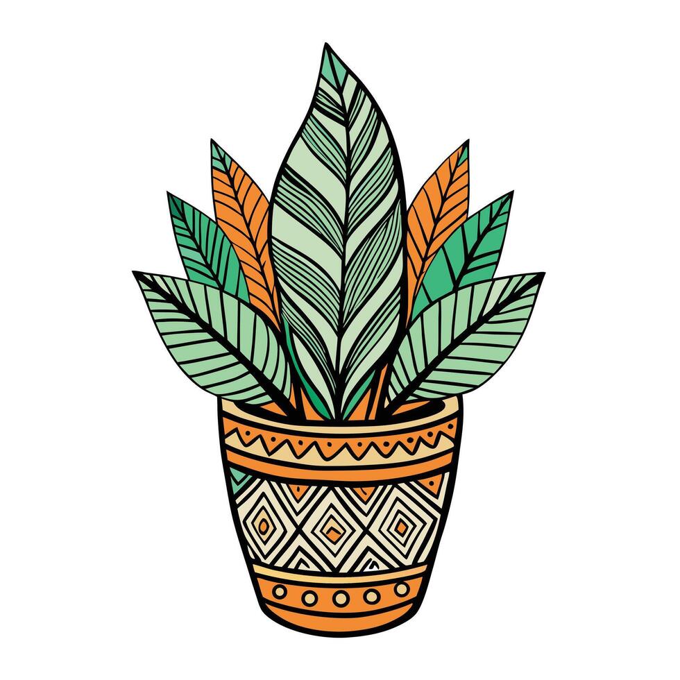 Charming Hand-Drawn Boho Pot Featuring Leaf Patterns vector